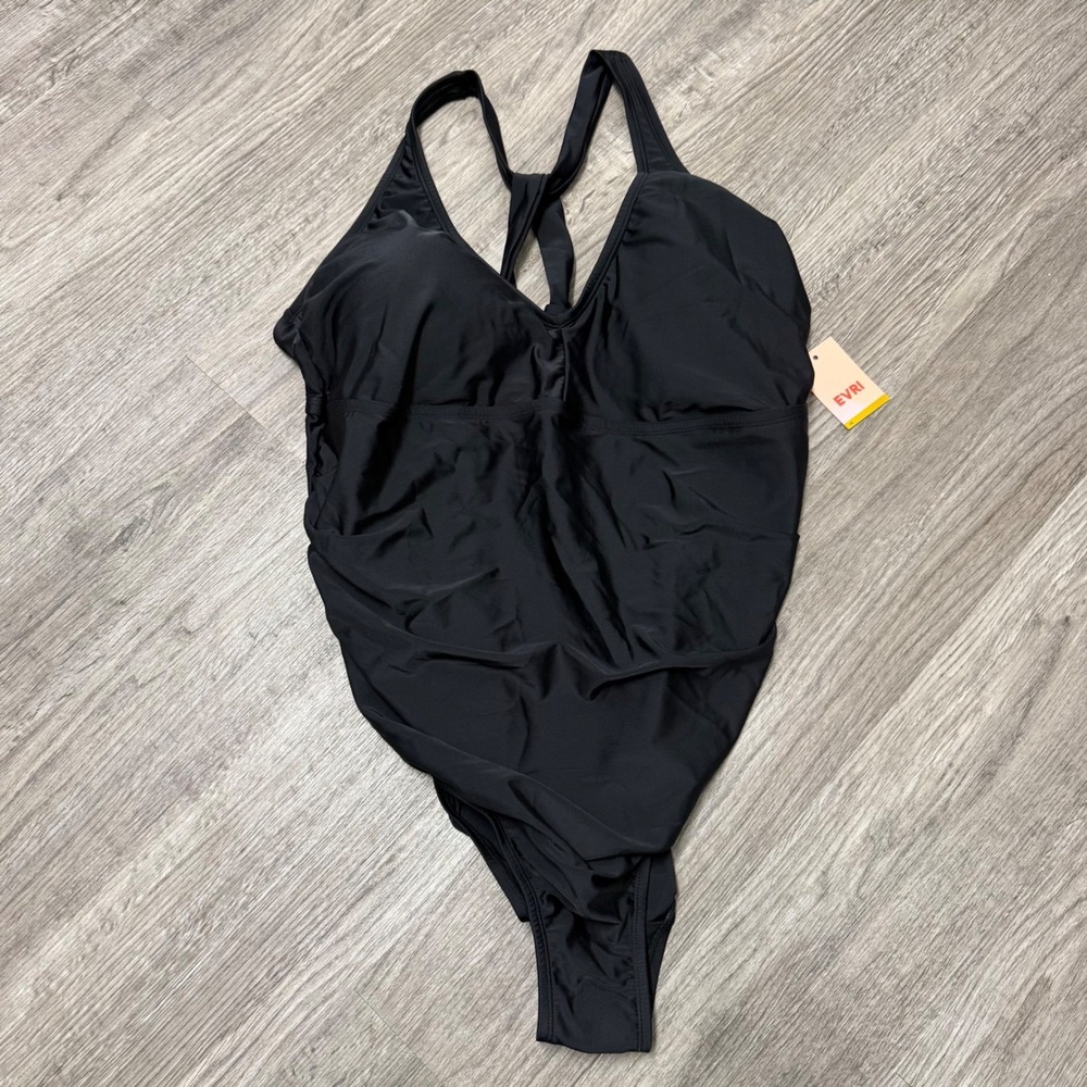 Evri Womens 3X Black Tummy Control‎ One Piece Twist Back Keyhole Swimsuit NEW